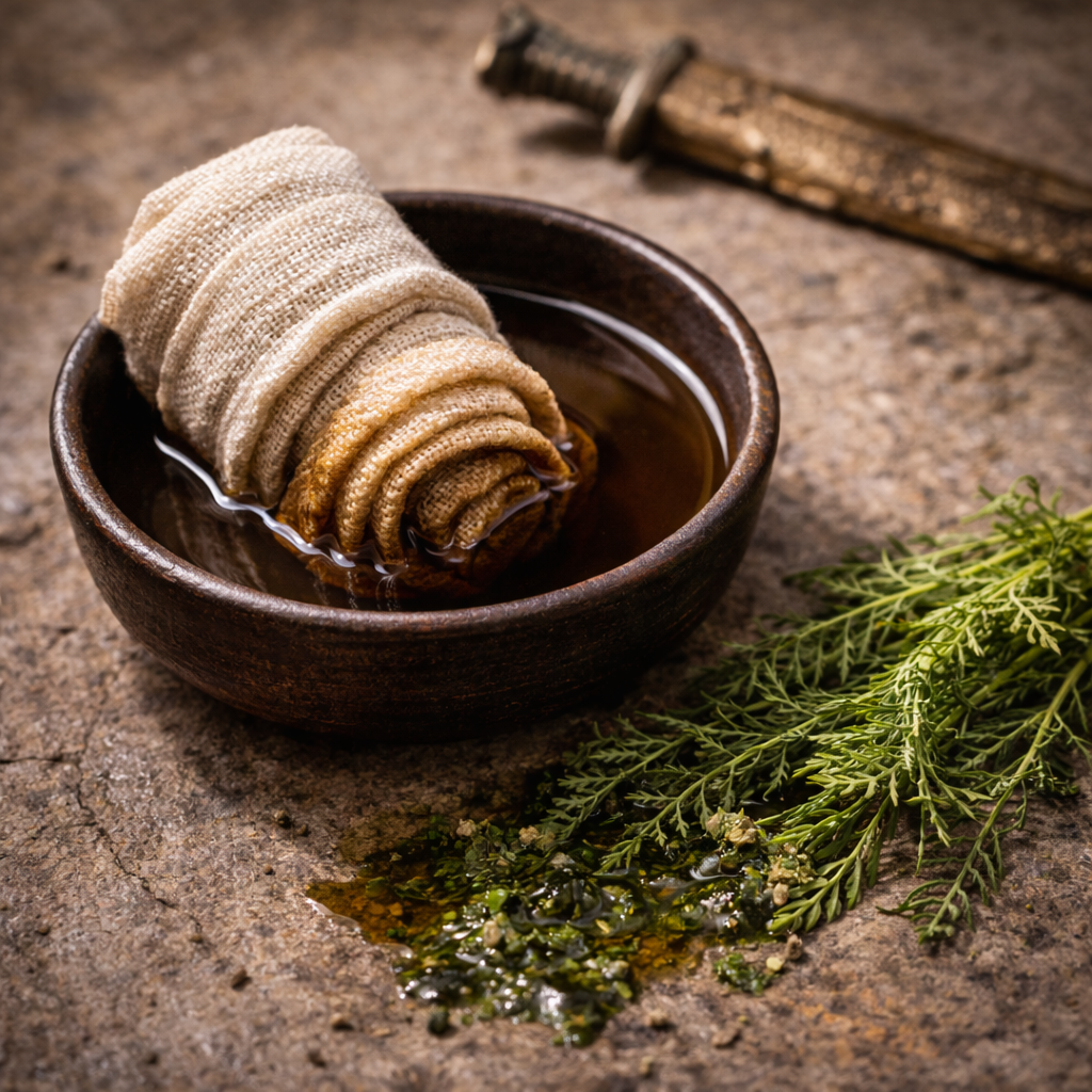 Schafgarben-Wundkompresse: Ein Leinentuch im Dekokt, eine traditionelle Anwendung zur Blutstillung und Wundheilung.