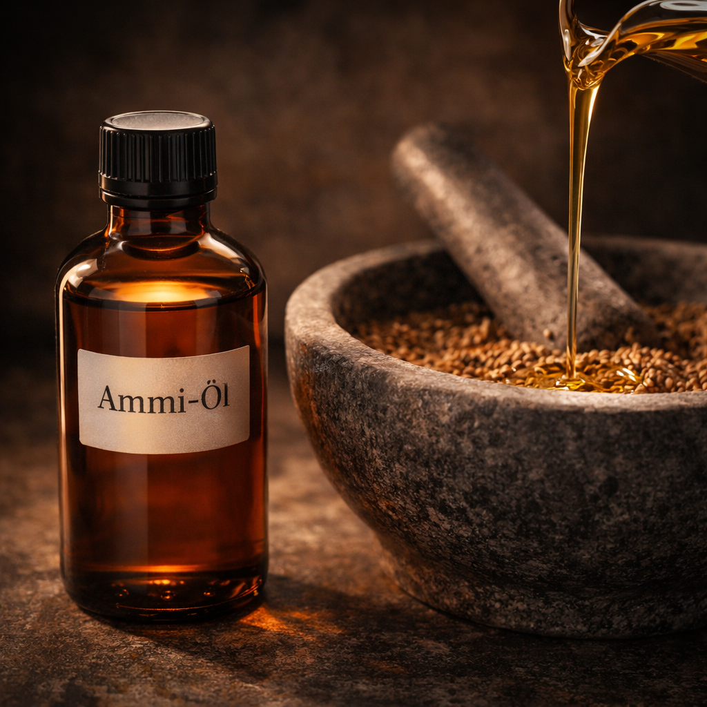 Hausgemachtes Ammi-Samen-Öl zur Pflege bei Hautpigmentstörungen und Kopfhautproblemen.