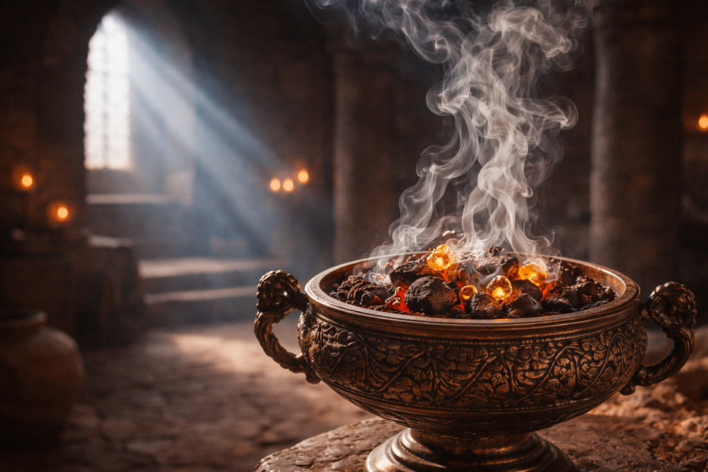 Heilige Dämpfe, die aus Akgünlük-Harz aufsteigen, das in einem alten bronzenen Räuchergefäß verbrannt wird. Ein antiker anatolischer Heilraum voller Mondlicht und Schatten.