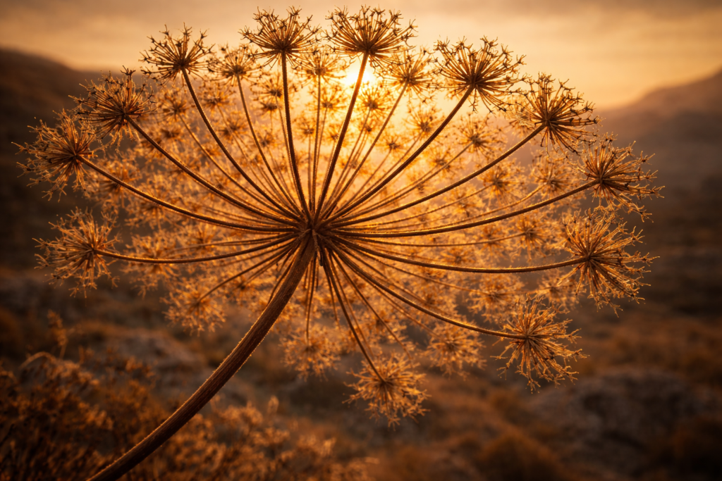 Detailaufnahme der getrockneten Zahnstocher-Ammei (Ammi visnaga), die ihre komplexe, sternförmige geometrische Struktur zeigt.