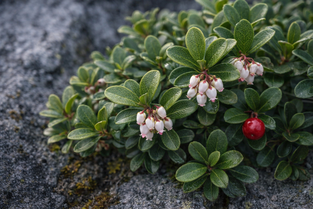 Die Echte Bärentraube (Arctostaphylos uva-ursi) im felsigen Hochgebirge: Ledrige Blätter und rote Beeren der Heilpflanze gegen Blasenentzündung.