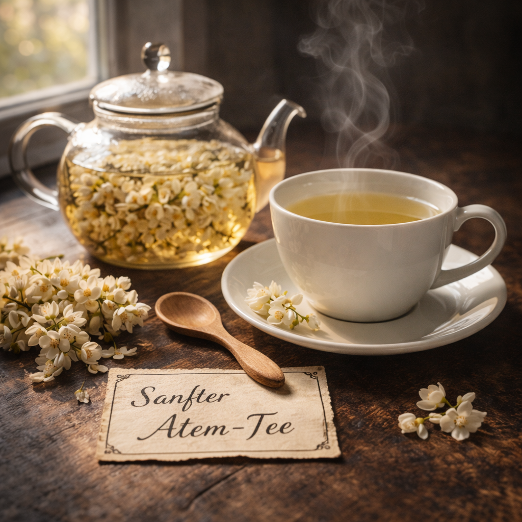 Eine gläserne Teekanne mit dampfendem Akazienblüten-Tee, daneben getrocknete Blüten und ein Etikett mit der Aufschrift „Sanfter Atem-Tee“