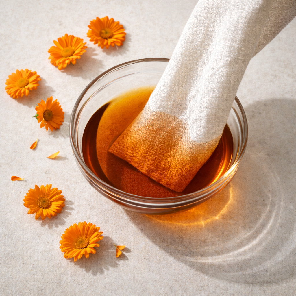 Ein Leinentuch wird in einen starken Ringelblumen-Aufguss getaucht, um eine lindernde Kompresse für die Hautpflege herzustellen.