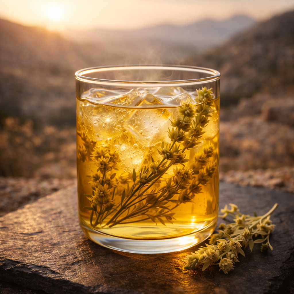 Ein ästhetisches Glasgefäß mit einer goldgelben Flüssigkeit, in der Eiswürfel und Sideritis-Zweige schwimmen.