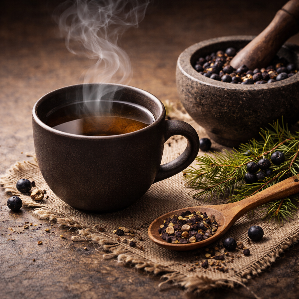 Eine dunkle, matte Keramiktasse mit dampfendem Tee. Daneben liegen im Mörser leicht zerdrückte, violette Wacholderbeeren.