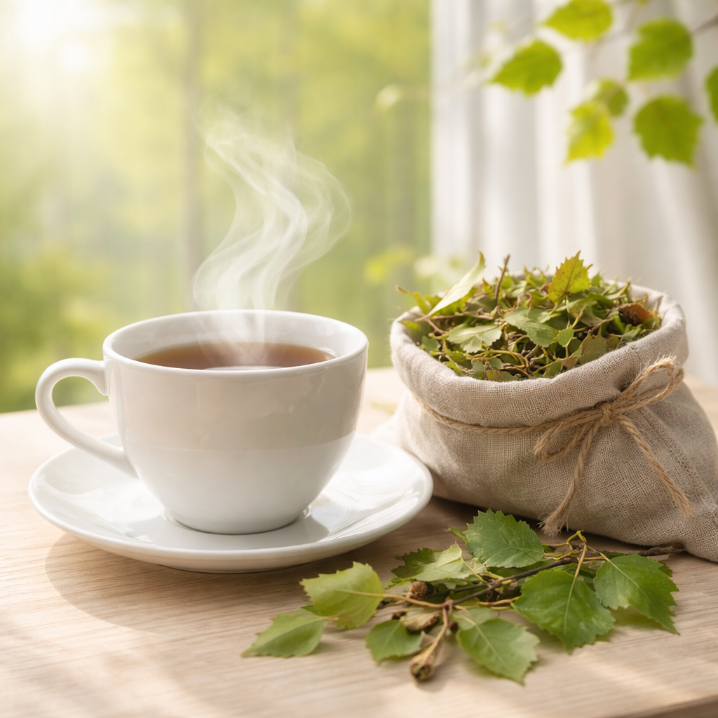 Zubereitung von Birkenblättertee zur Durchspülungstherapie und Entschlackung.