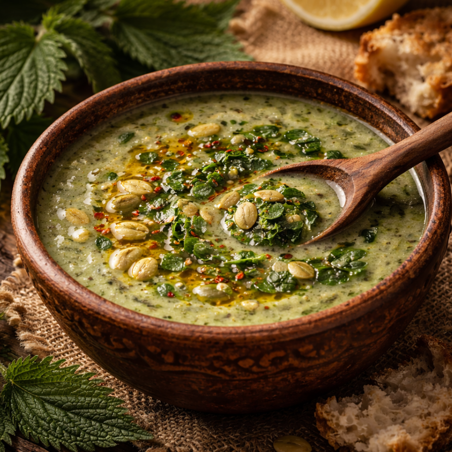 Traditionelle anatolische Isırgan Çorbası (Brennnesselsuppe) in einer rustikalen Tonschale.