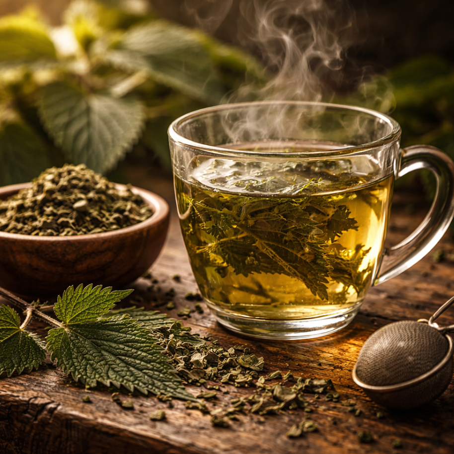 Eine dampfende Tasse frisch aufgebrühter Brennnesseltee mit getrockneten Heilkräutern auf einem Holztisch.