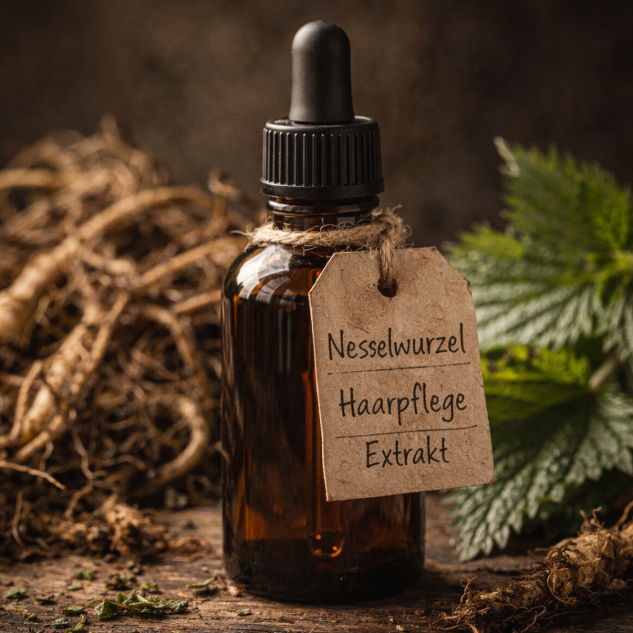 Hausgemachtes Brennnesselöl in einem Braunglasgefäß zur Pflege von Haut und Haarwurzeln.