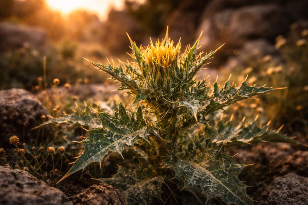 Nahaufnahme der dornigen Heilpflanze Benediktendistel (Cnicus benedictus), auch Akkız genannt, die in einer steinigen anatolischen Landschaft bei warmem Sonnenuntergangslicht wächst.