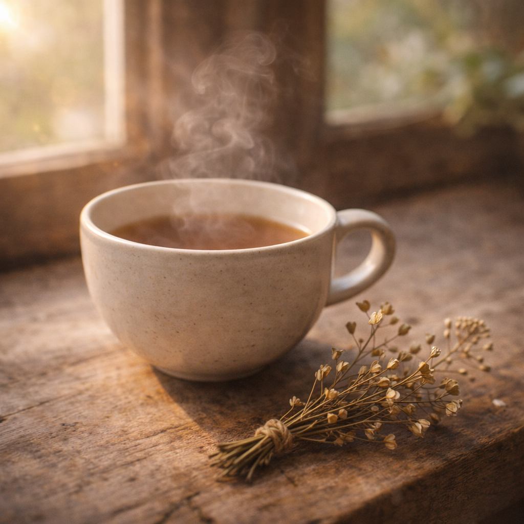 Eine Tasse frisch aufgebrühter Çobançantası-Tee (Hirtentäschelkraut) auf einem Holztisch, daneben die charakteristischen herzförmigen Samentaschen der Pflanze.