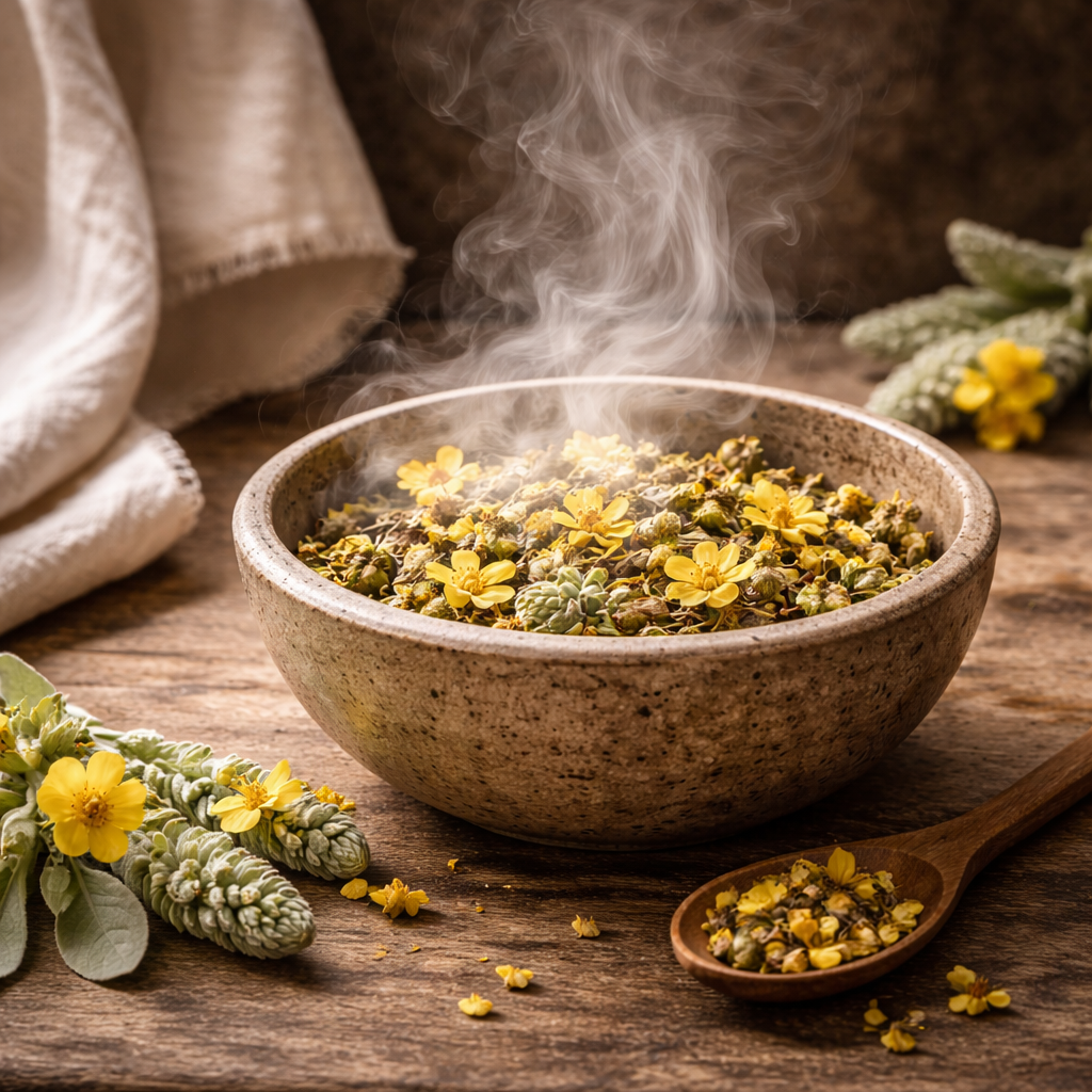 Eine dampfende Schüssel mit Kräutern in einer rustikalen Umgebung.