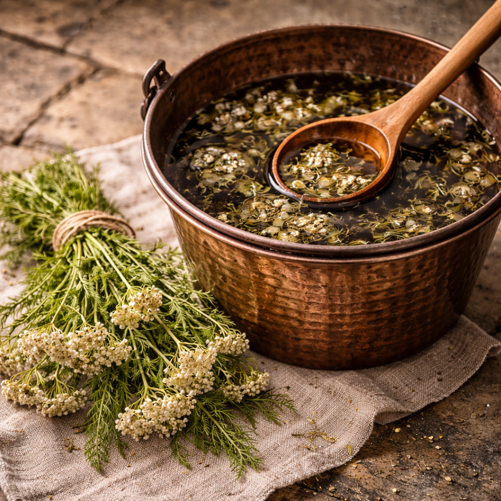 Vorbereitung eines Schafgarben-Sitzbades: Ein Kupferzuber mit Kaltansatz nach anatolischem Vorbild zur Linderung von Unterleibskrämpfen.