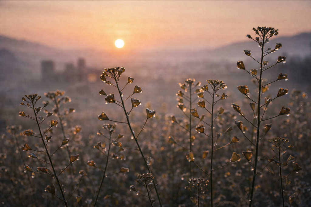 Hirtentäschelkraut (Çobançantası) im ersten Licht des Morgens vor einer anatolischen Berglandschaft – ein Symbol für Schutz und Lebenskraft.