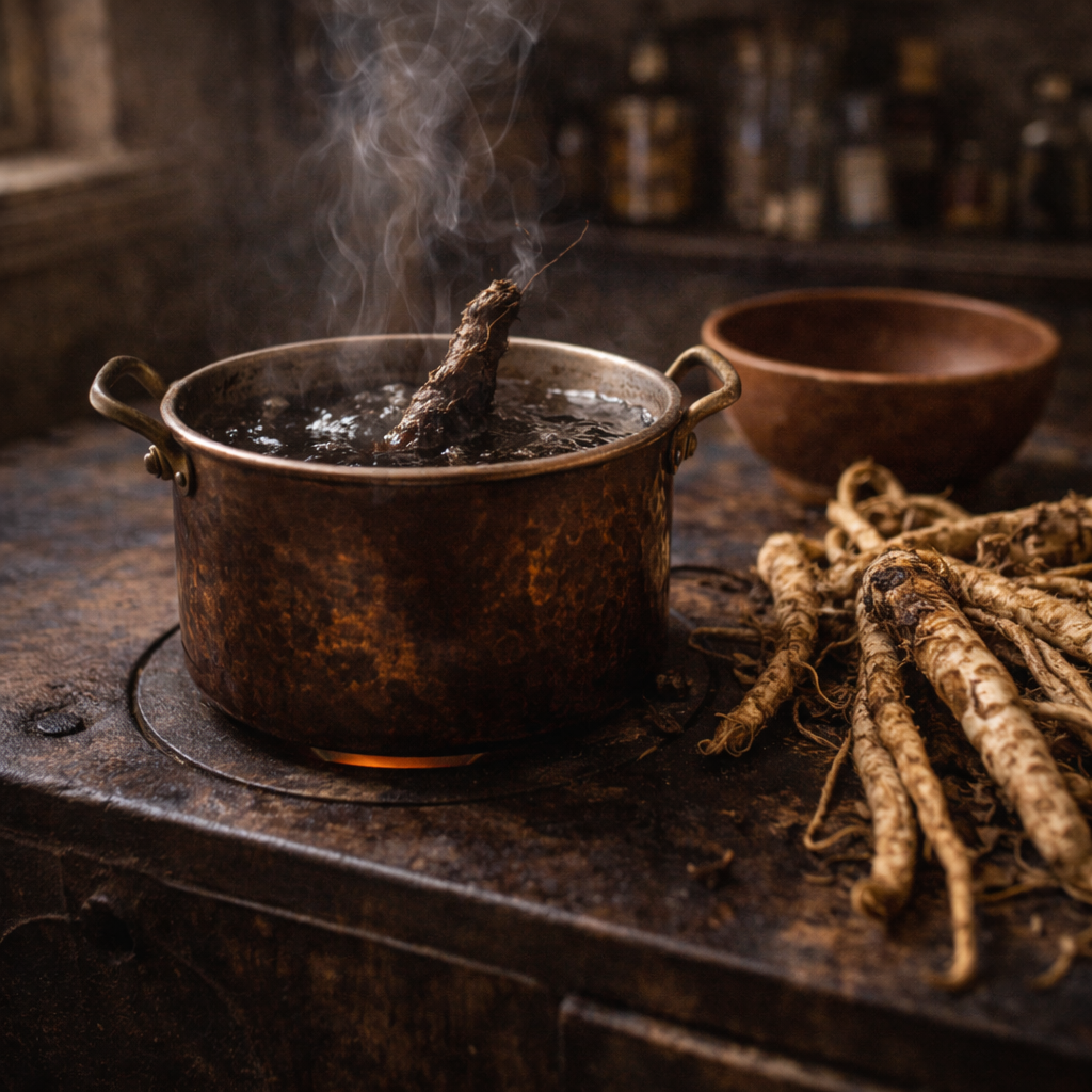 Ein Kupfertopf auf einem alten Herd, in dem ein dunkler Absud aus Benediktenkraut-Wurzeln köchelt, daneben frisch geerntete Wurzeln zur traditionellen Nierenunterstützung.