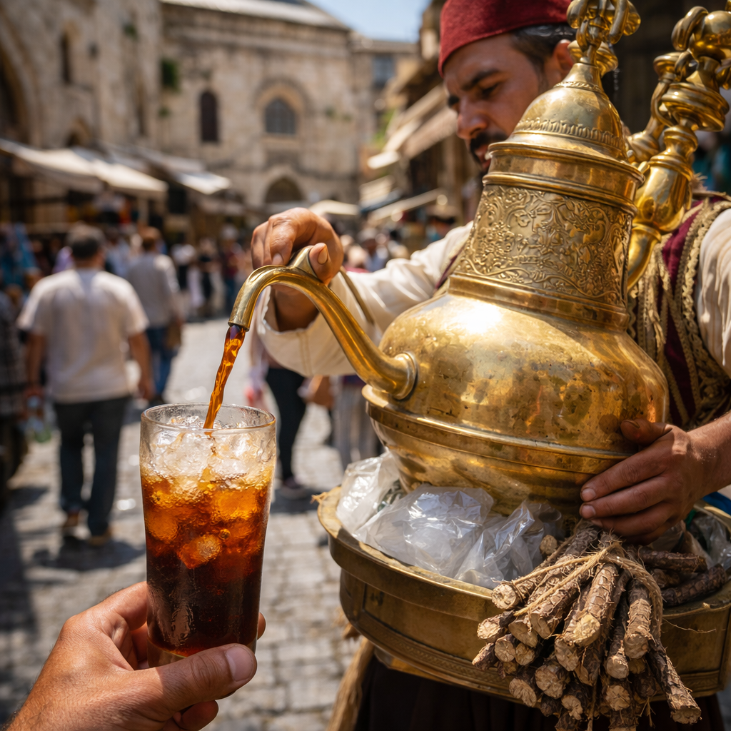 Ein erfrischender Klassiker der anatolischen Tradition: Kaltes Meyan-Sirupgetränk, das aus dem traditionellen Sirupkocher gefiltert wird.