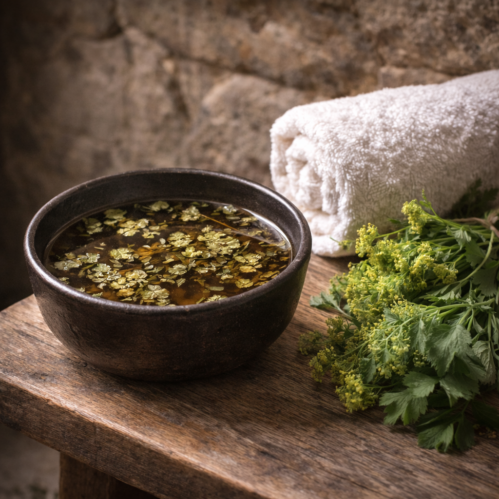 Vorbereitung eines regenerierenden Frauenmantel-Sitzbades zur Gewebestärkung.