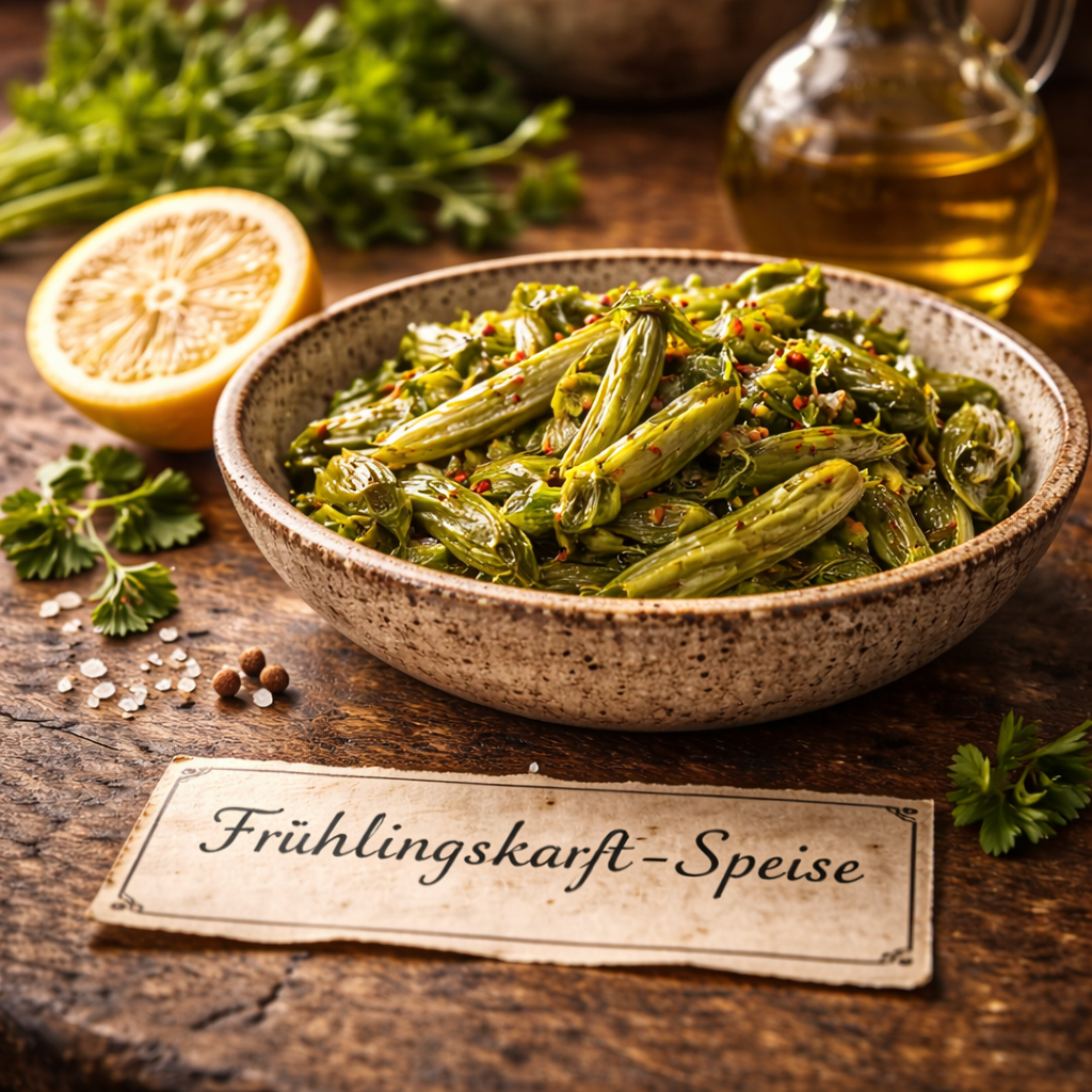 Eine rustikale Schale mit gedünsteten, in Olivenöl glänzenden jungen Trieben der Akkız (Benediktenkraut), garniert mit Zitrone als traditionelles Stärkungsgericht.