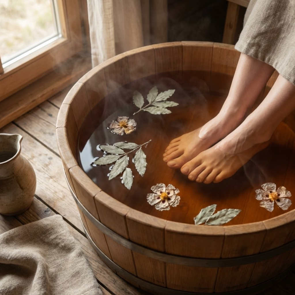 Das regenerierende „Athos-Bad“ mit Zistrose: Ein wohltuendes Fußbad zur Beruhigung gereizter Haut und zur Entspannung.