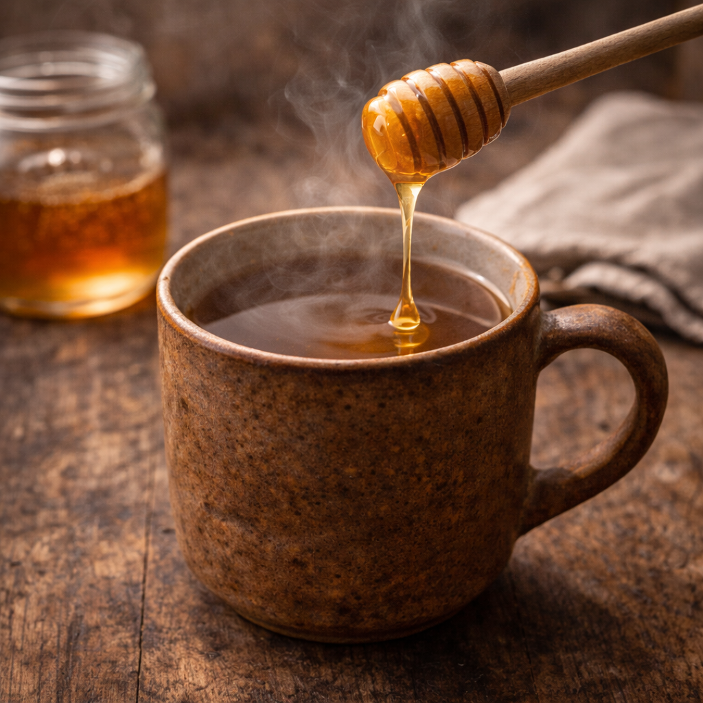 Wärmendes Queckenwurzel-Dekokt gegen Husten, verfeinert mit einem Löffel fließendem Honig.