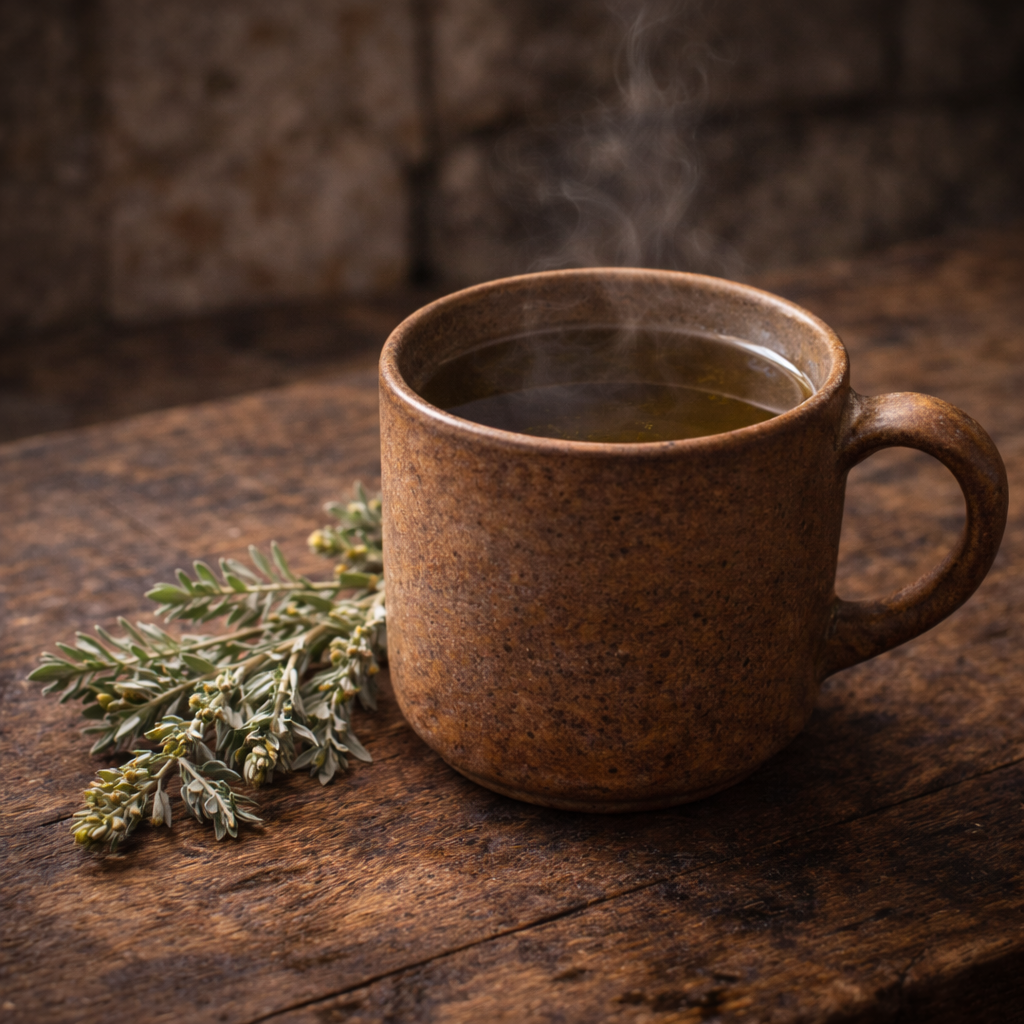 Wermut-Tee Aufguss in einer rustikalen Tasse: Die traditionelle Bittermedizin für den Magen nach Lokman Hekim.