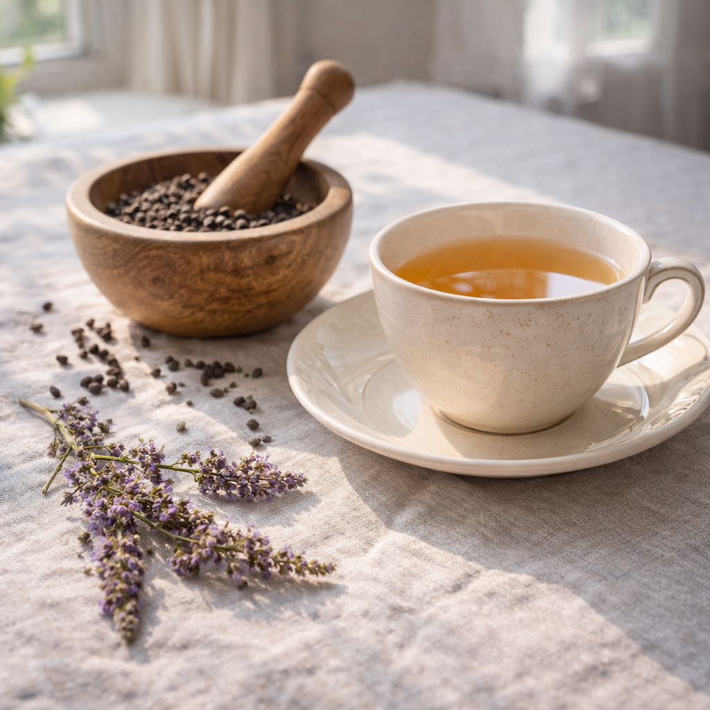 Hormon-Harmonie Tee: Frisch zubereiteter Mönchspfeffer-Aufguss mit leicht zerstoßenen Samen für die tägliche hormonelle Balance.