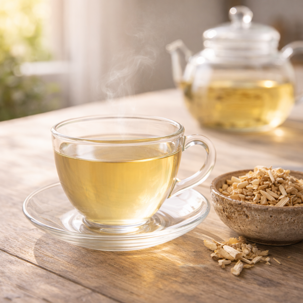 Klarer Queckenwurzel-Tee in einer Glastasse, serviert mit getrockneten Wurzelstücken für die Nierendurchspülung.