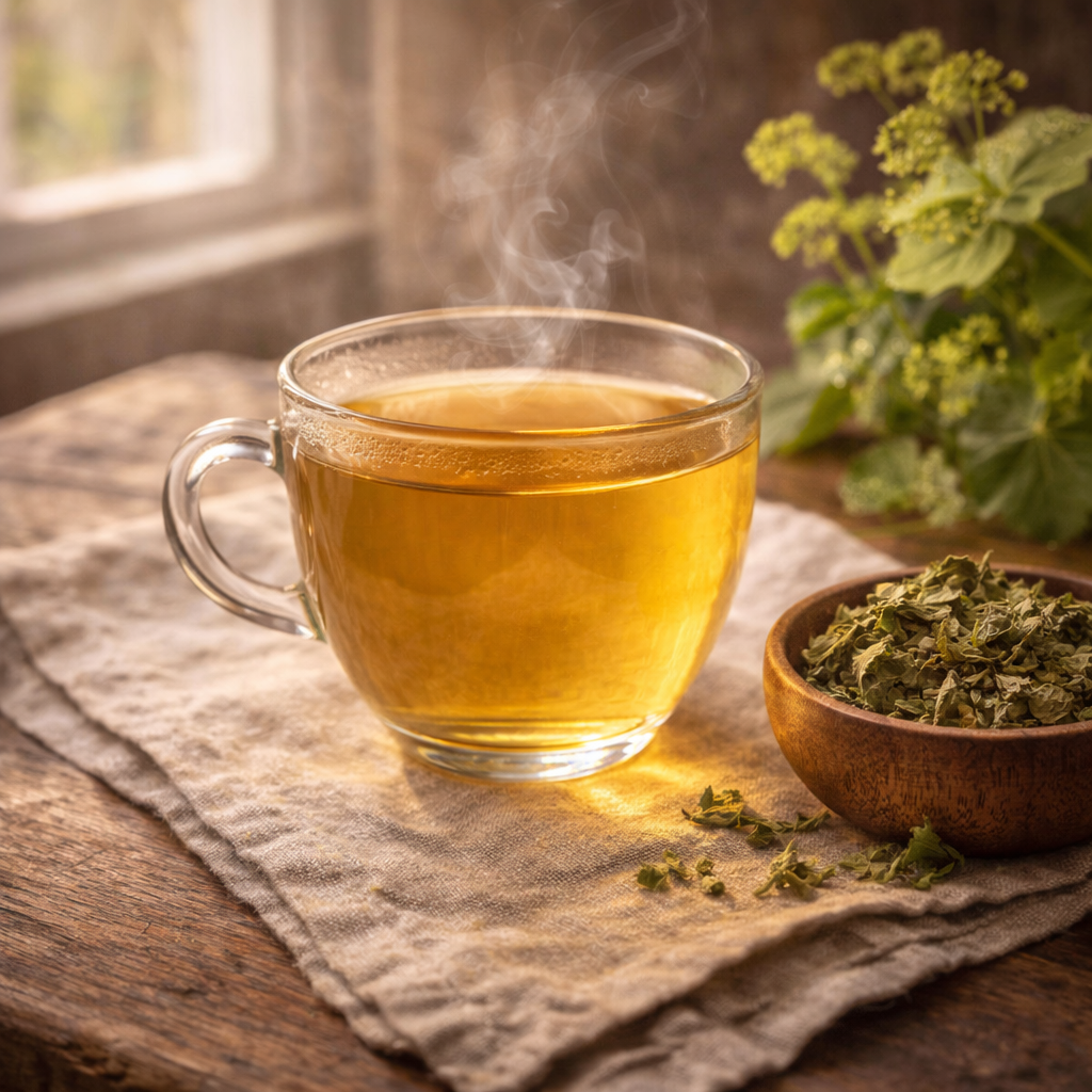 Eine Tasse Frauenmantel-Tee (Arslanpençesi) zur Unterstützung der inneren Balance und Frauenheilkunde.