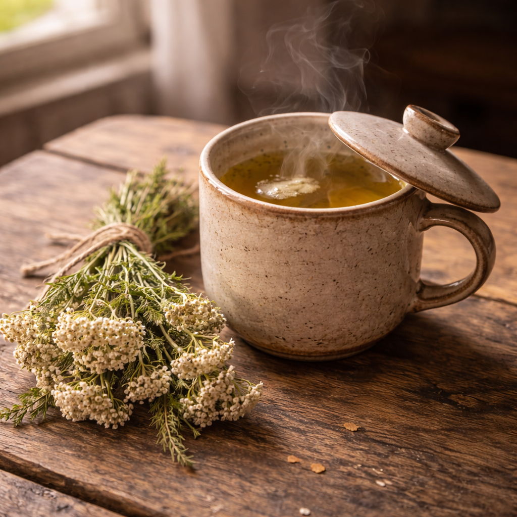 Traditioneller Schafgarbentee (Achillea millefolium) in einer rustikalen Tasse: Ein Aufguss für den Magen und den weiblichen Zyklus.