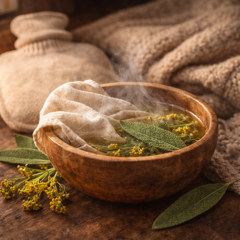 Warmer Kräuterwickel mit Frauenminze bei krampfartigen Beschwerden.