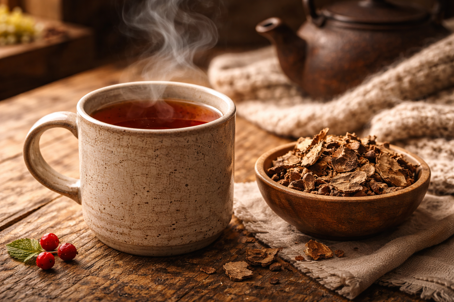 Zubereitung von sanftem Rindentee (Cramp Bark) aus der getrockneten Rinde des Gemeinen Schneeballs, traditionell genutzt zur Krampflinderung.