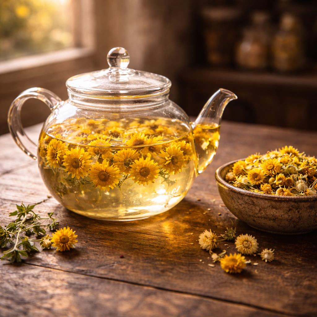 Eine gläserne Teekanne auf einem rustikalen Holztisch, darin schwimmen leuchtend goldgelbe Sand-Strohblumen in klarem Tee.