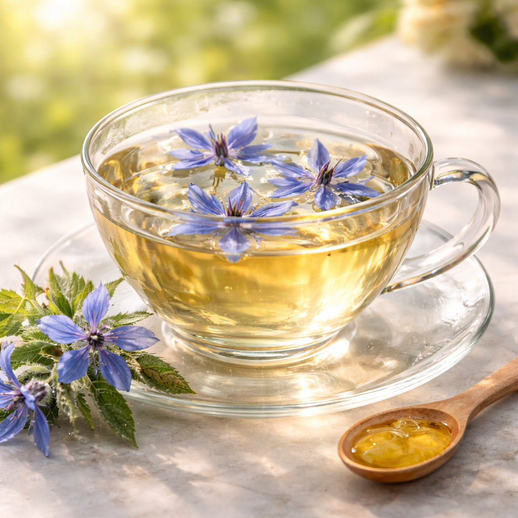 Beruhigender Borretsch-Blütentee zur Stimmungsaufhellung und Entspannung.