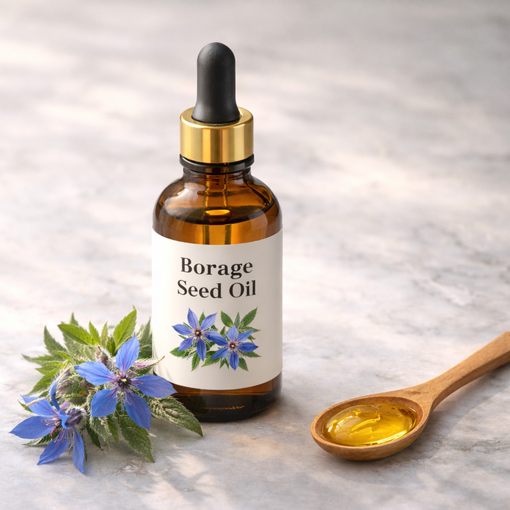 Kaltgepresstes Borretschsamenöl mit hoher Gamma-Linolensäure-Konzentration für die Hautpflege.