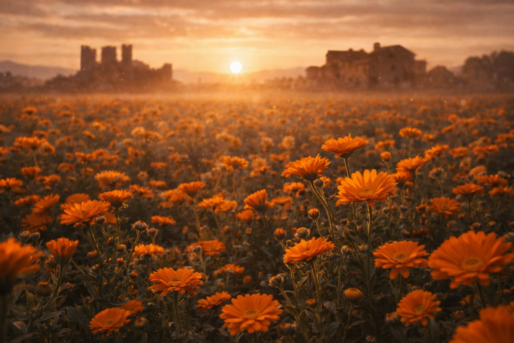 Ein leuchtendes Feld voll orangefarbener Aynısafa-Blüten (Ringelblumen) im warmen Licht der Abendsonne, das die heilende Wärme der Pflanze symbolisiert.
