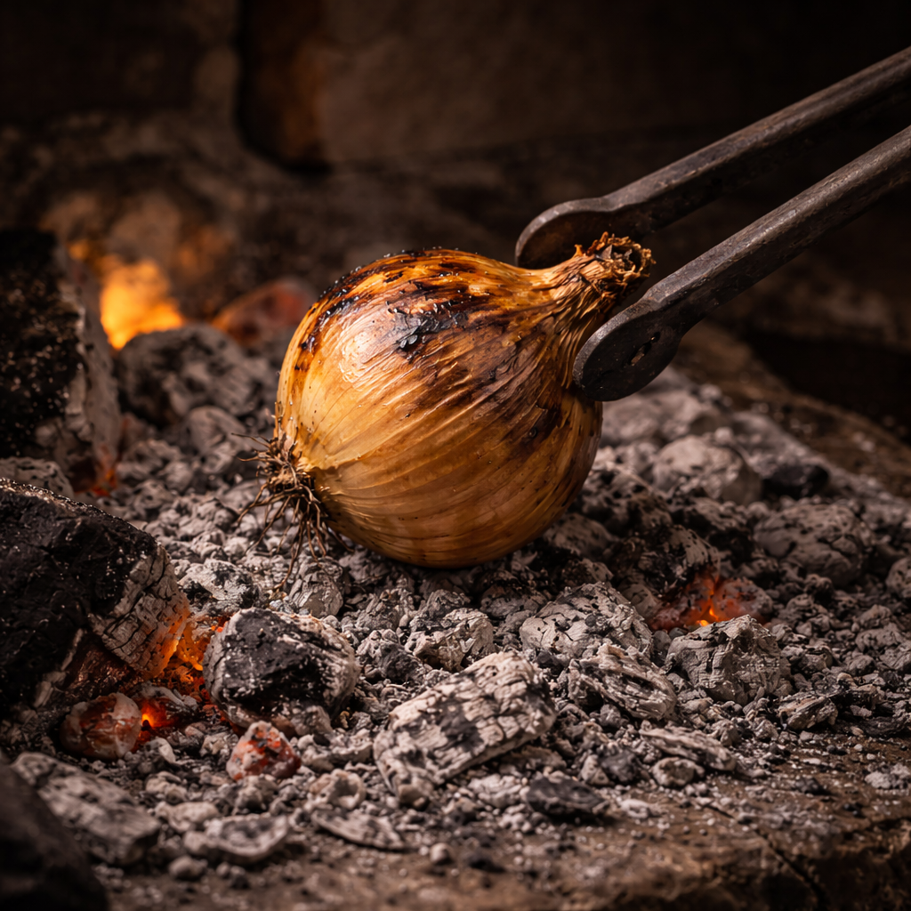 Traditionelle Zubereitung nach Lokman Hekim: Eine in der Asche geröstete Zwiebel zur Behandlung von Abszessen.