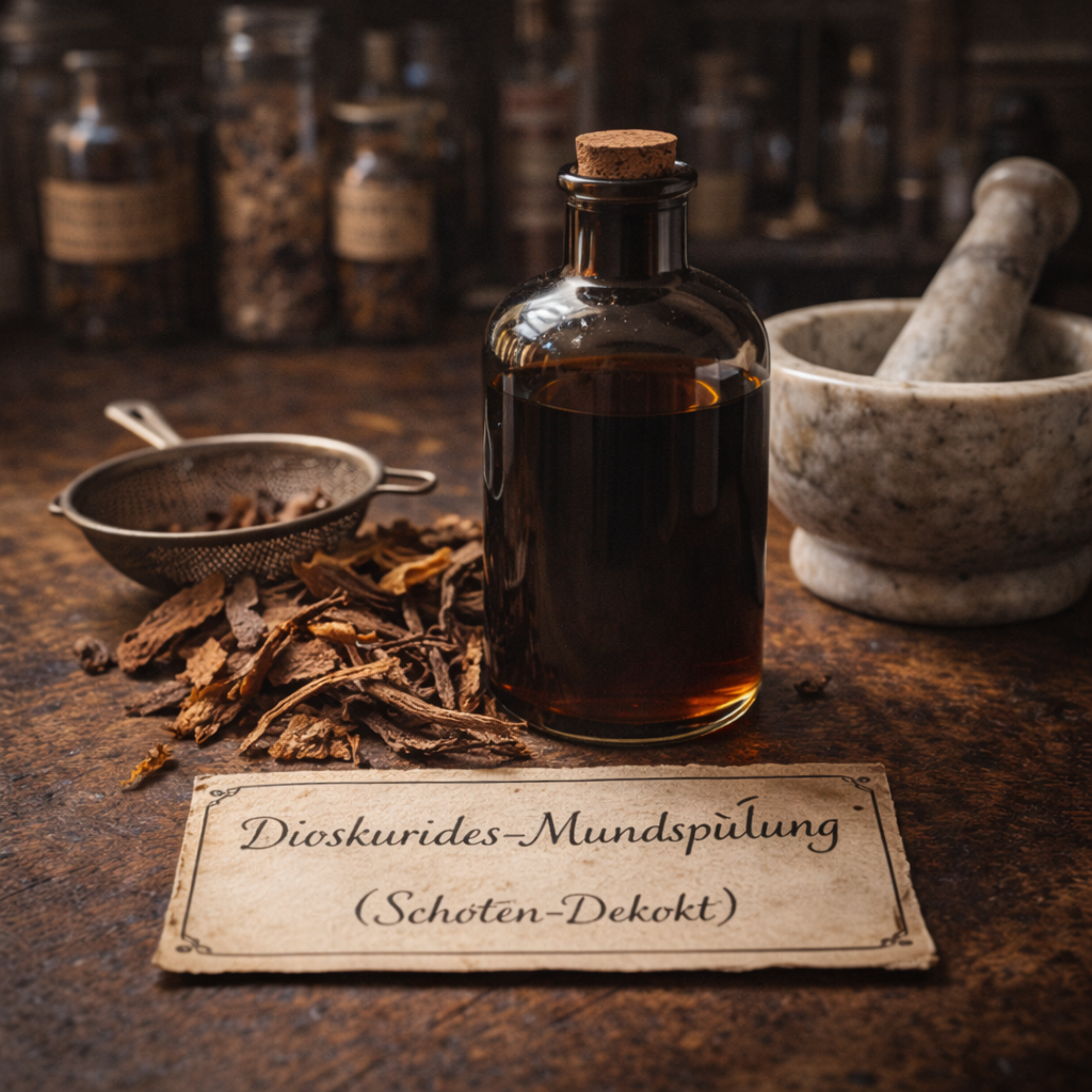 Dunkle Apothekerflasche mit Akazienrinden-Dekokt, umgeben von getrockneten Schoten und einem Mörser in einer historischen Labor-Atmosphäre.