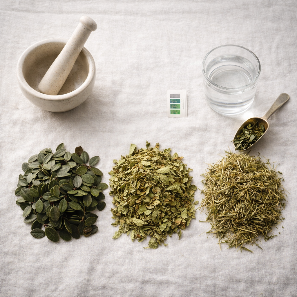 Eine „Waschmischung” aus den Pflanzen Bärentraube, Birke und Schachtelhalm, die bei Harnwegsinfektionen angewendet wird.