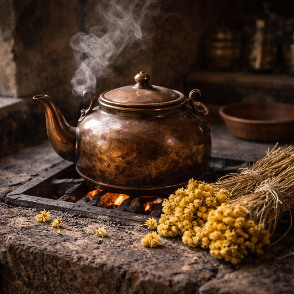Ein kleiner Kupferkessel auf einer Feuerstelle, aus dem Dampf aufsteigt. Daneben liegen Bündel von getrocknetem Altın Otu.