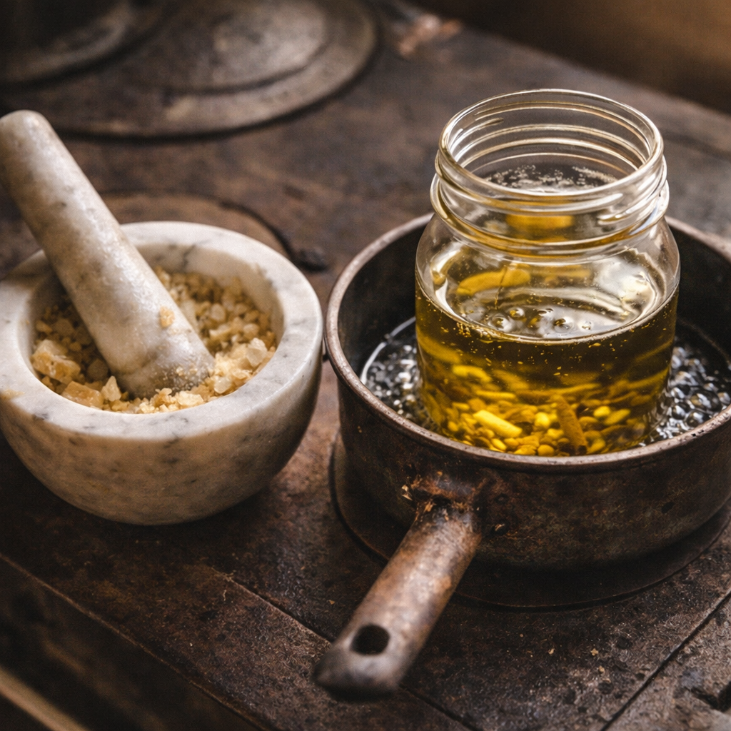 Die Herstellung eines traditionellen Akgünlük-Gelenkbalsams: Mörser mit Harz und ein Glas mit goldenem Weihrauch-Öl im warmen Wasserbad.