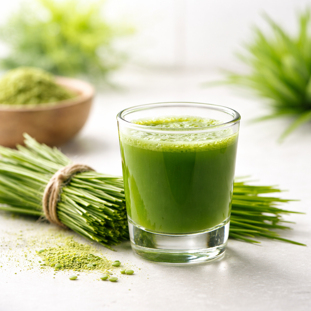 Ein kleiner Shot-Glas mit tiefgrünem, lebendigem Gerstengrassaft.