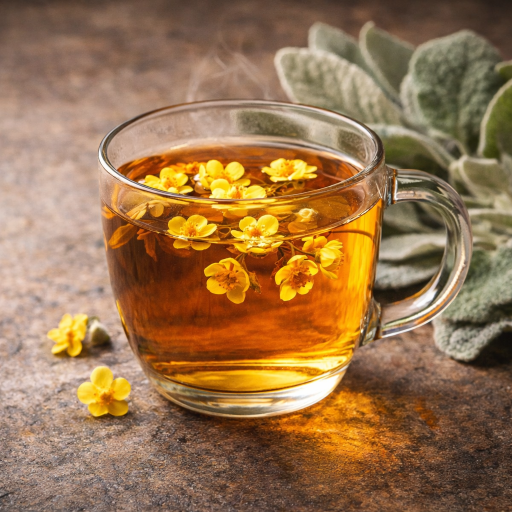 Ein Glas Tee, in dem goldene Blüten schwimmen.