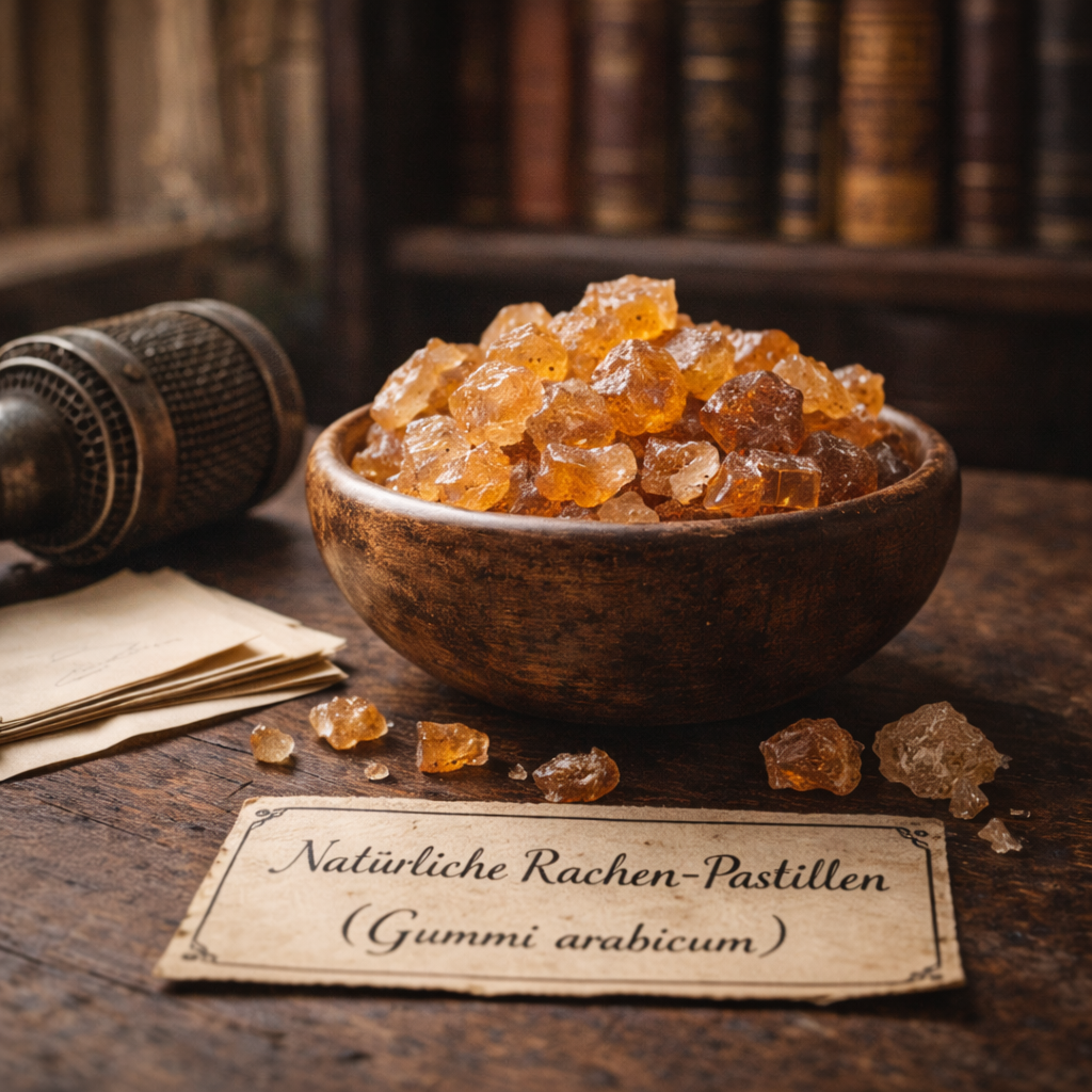 Bernsteinfarbene Stücke von reinem Gummi arabicum in einer Holzschale, ideal zur Linderung von Hustenreiz für Redner und Sänger.