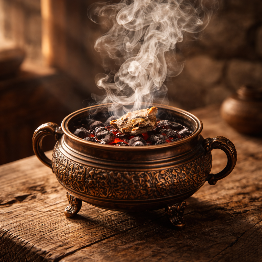 Traditionelles Räuchern mit Günlük-Rinde (Sığla) in einem kupfernen Gefäß, wobei reinigender Rauch für eine beruhigende Atmosphäre aufsteigt.