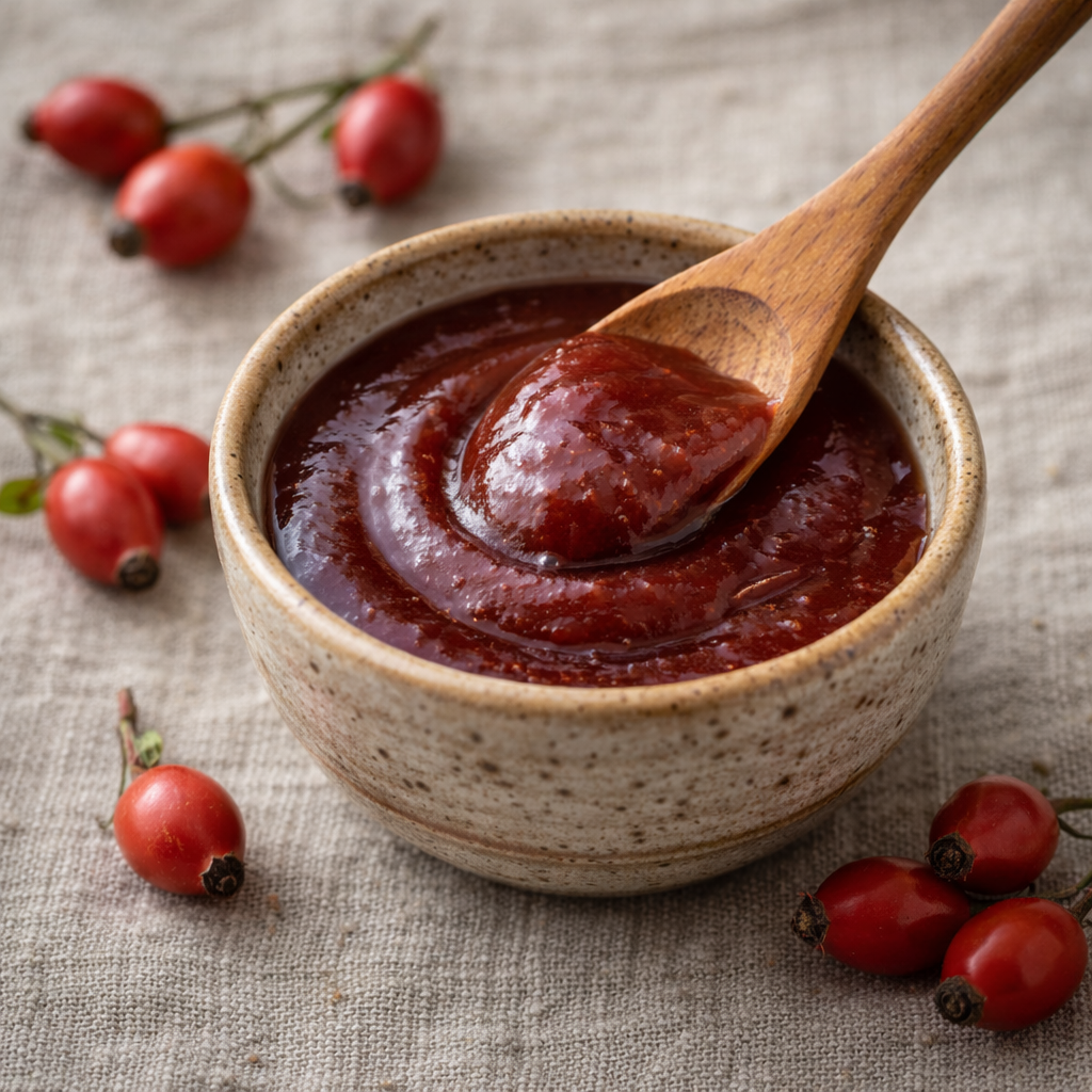 Konzentriertes Hagebuttenmark (Kuşburnu Pekmezi) als natürliches Tonikum für Vitalität und Verdauung.