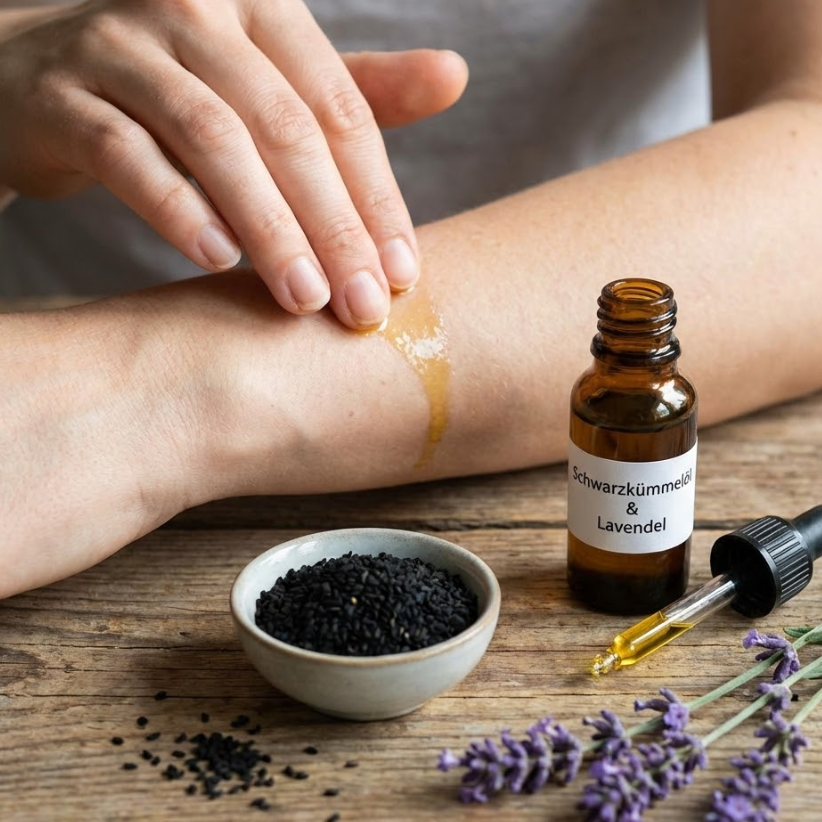 Kaltgepresstes Schwarzkümmelöl mit Lavendel zur Pflege von Ekzemen und Akne