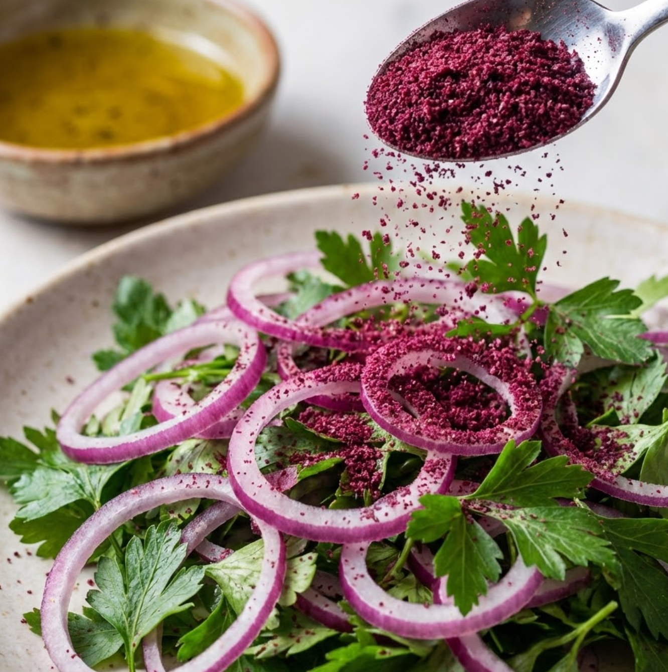 Sumach als verdauungsförderndes Gewürz: Die traditionelle Kombination mit Zwiebeln zur Unterstützung der Fettverdauung.