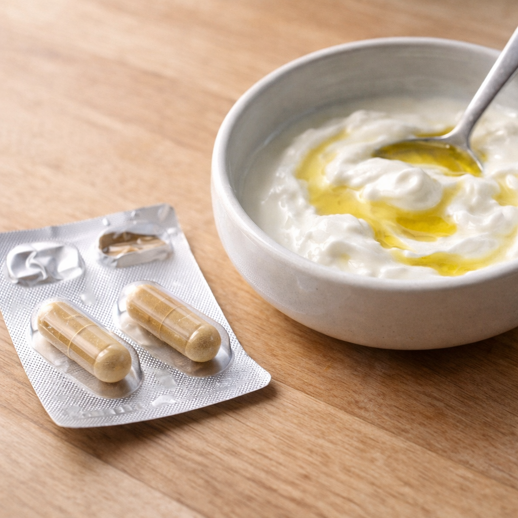 Zwei Weihrauch-Extrakt-Kapseln liegen neben einer Schale mit fetthaltigem Joghurt, um die notwendige Einnahme mit Fett für eine bessere Bioverfügbarkeit zu verdeutlichen.