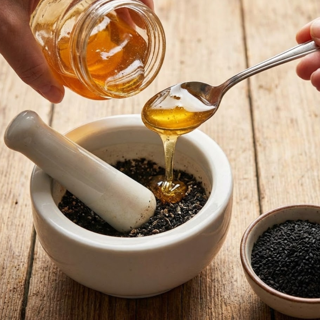 Zubereitung einer natürlichen Immun-Kur mit Schwarzkümmelsamen und Bio-Honig