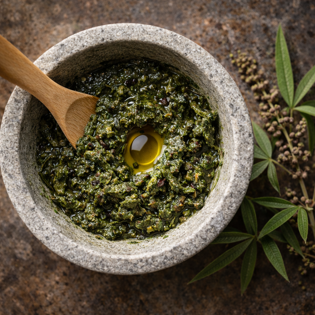 Natürliche Hilfe bei Insektenstichen: Eine frisch zubereitete Paste aus zerstoßenen Hayıt-Blättern und Samen nach anatolischem Vorbild.